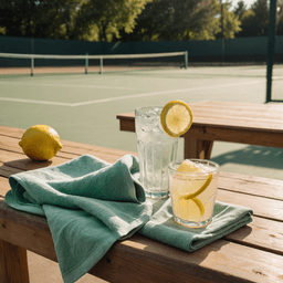 Sklenice ledové limonády a ručník na lavičce ve stínu